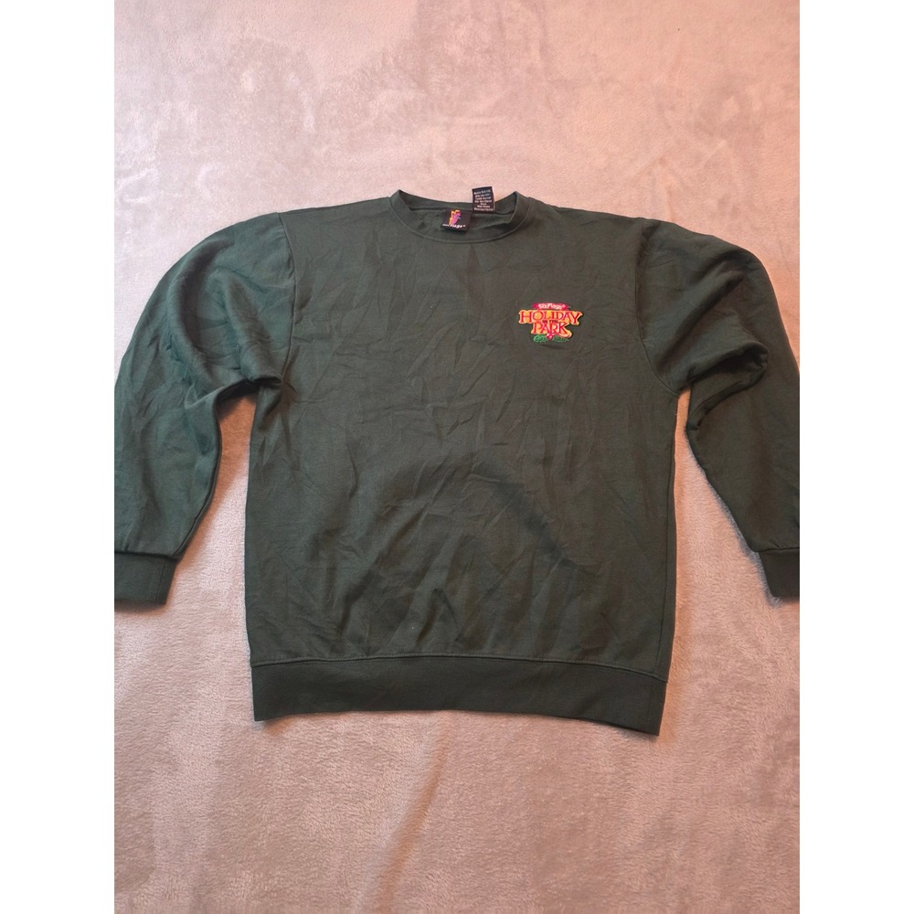 Six Flags Holiday in the Park Sweatshirt Womens M Green Embroidered